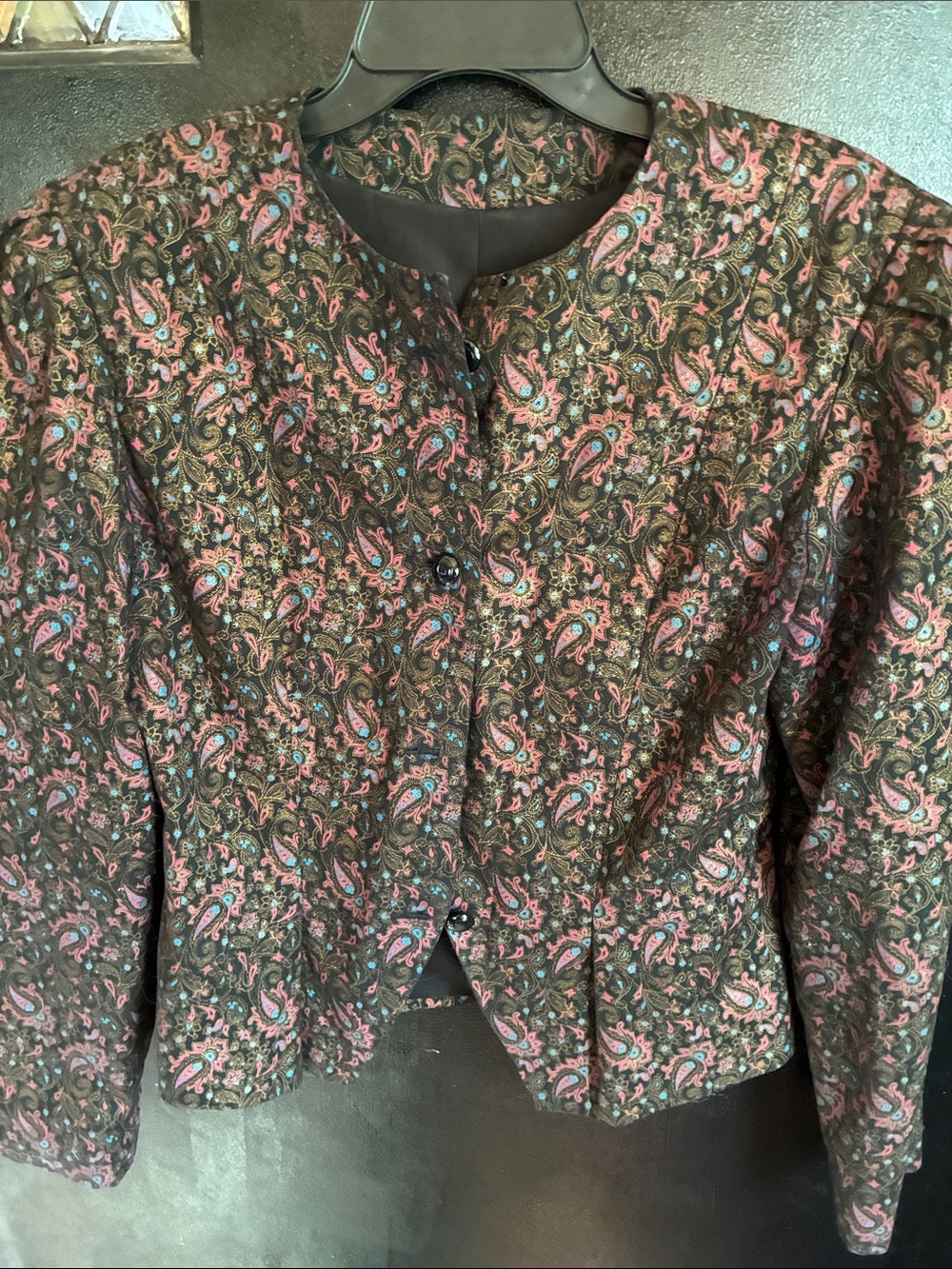 Vintage 80s Paisley Patterned Blazer Jacket - Pink & Black padded shoulders crop